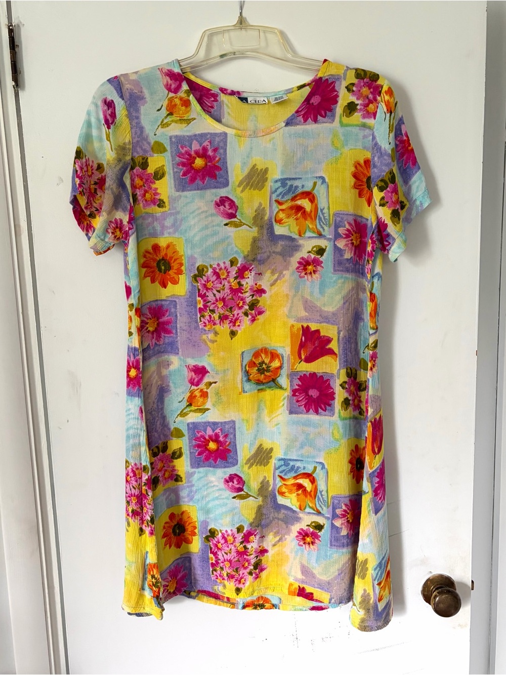 Vintage 90s La Cera Watercolor Floral Boho Mini Sun Shift Dress Sz L
